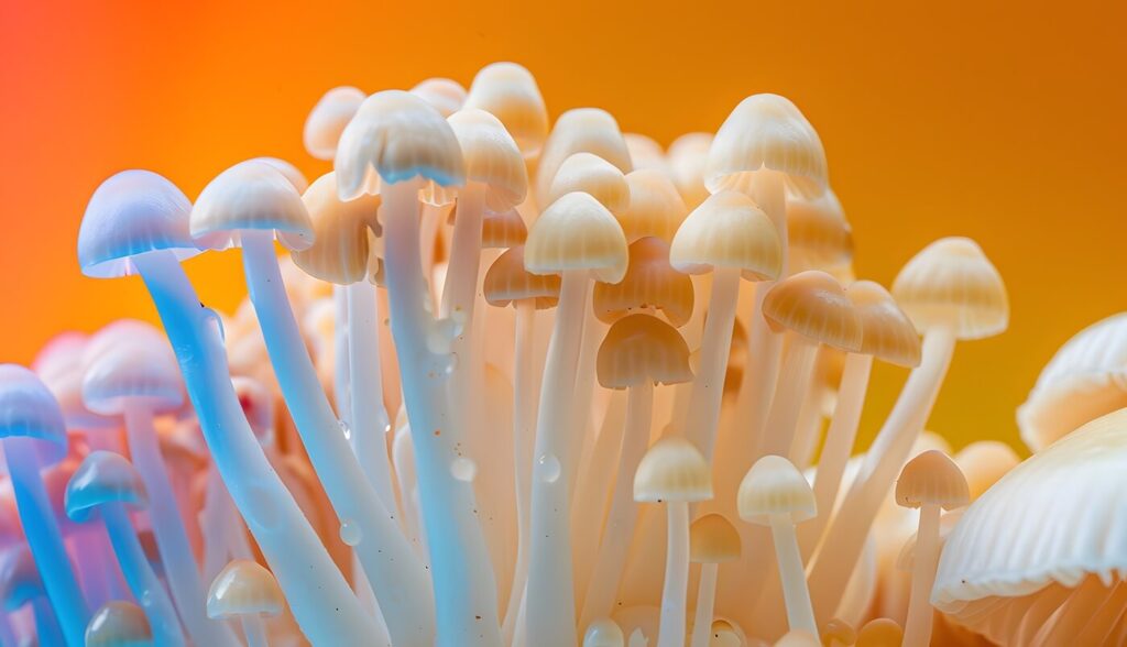 mushrooms seen with intense brightly colored lights