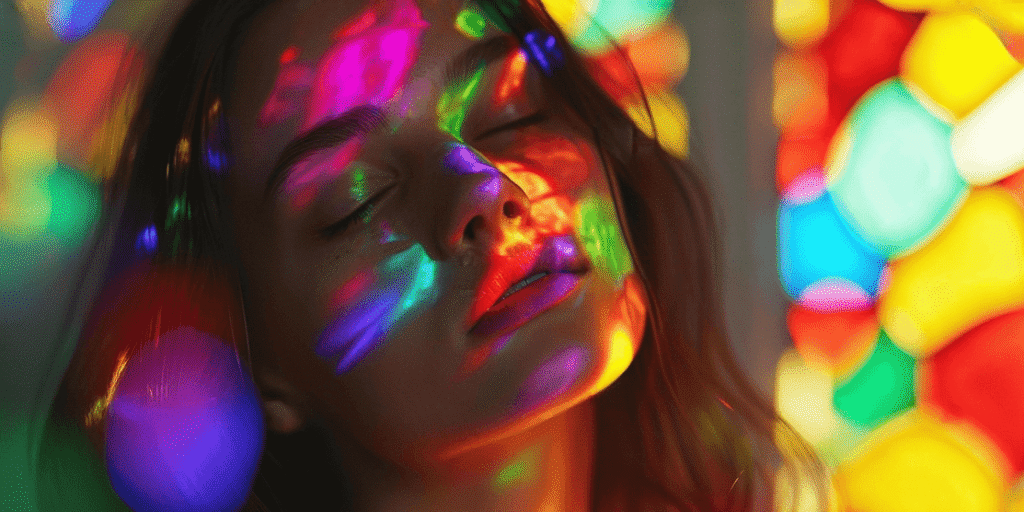 a young woman with rainbow spectrum on face