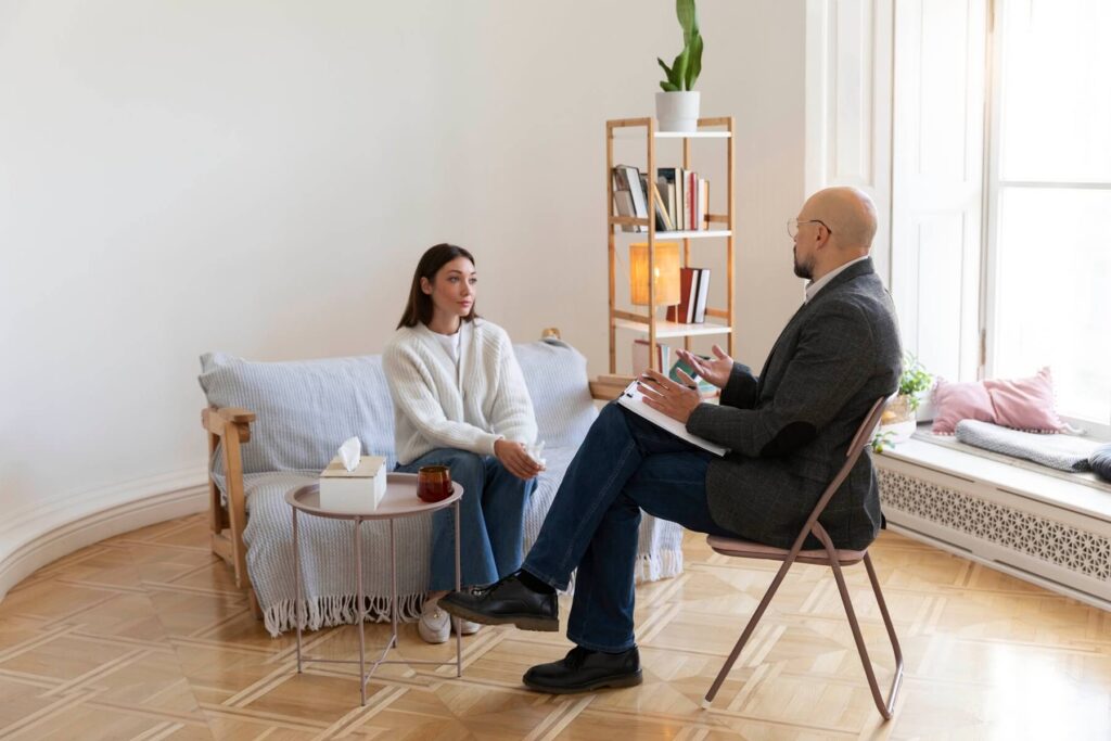 calm therapy room with a therapist and patient