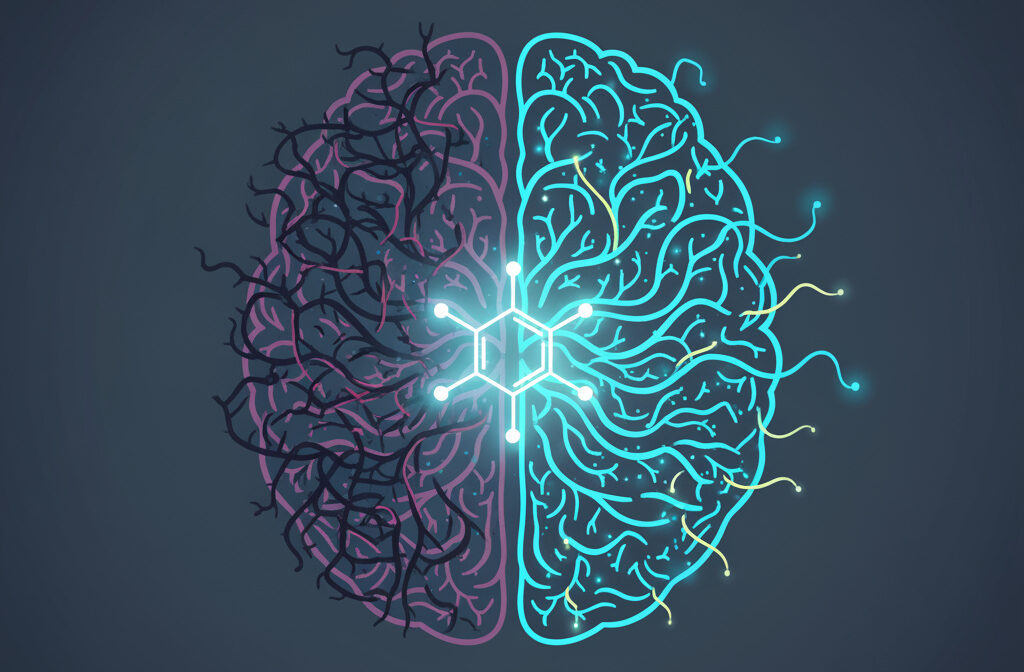 illustration of a brain healing with ketamine molecule, representing how ketamine therapy works in simple scientific terms